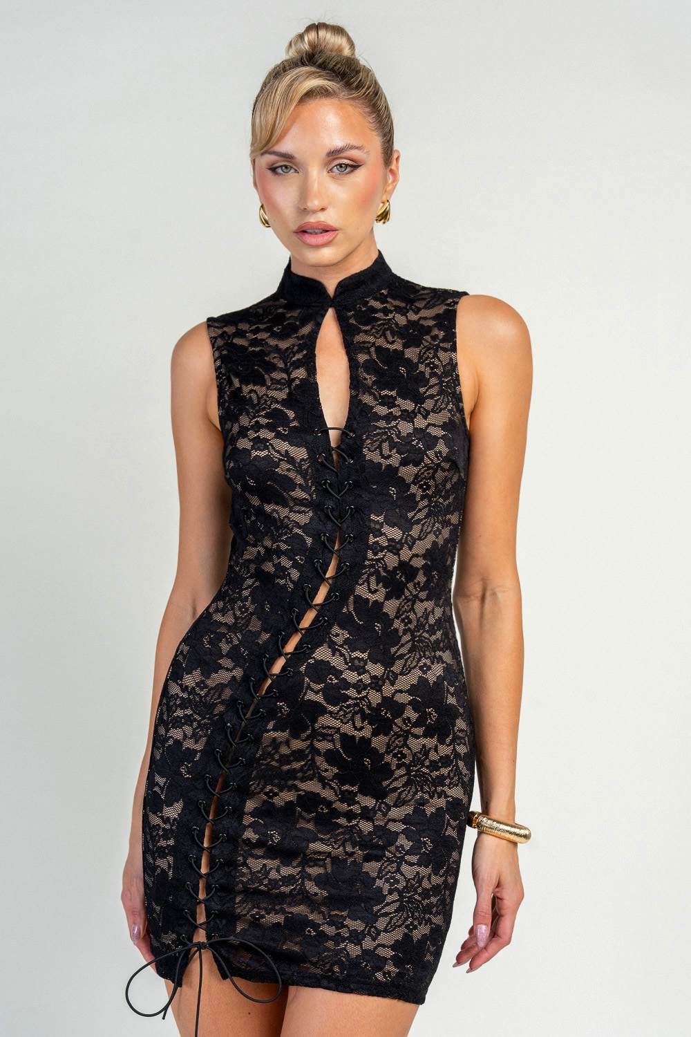 “Tao” Ruched Mandarin Collar Mini Dress