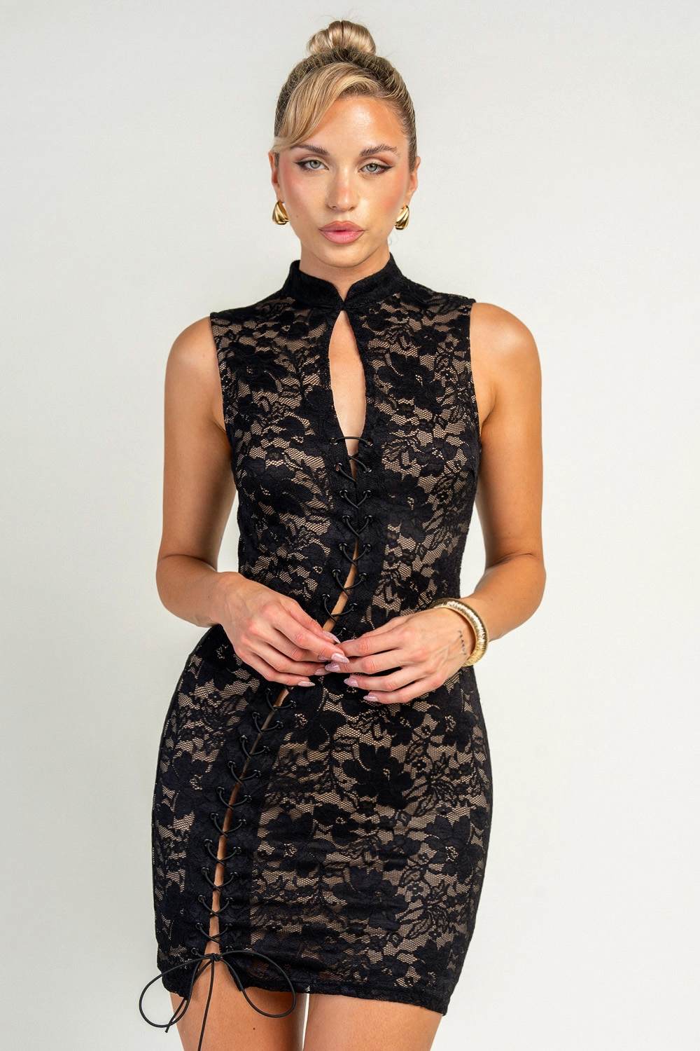 “Tao” Ruched Mandarin Collar Mini Dress