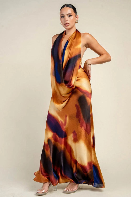 “Art Bae” Cowl Neck Maxi Open Back Dress