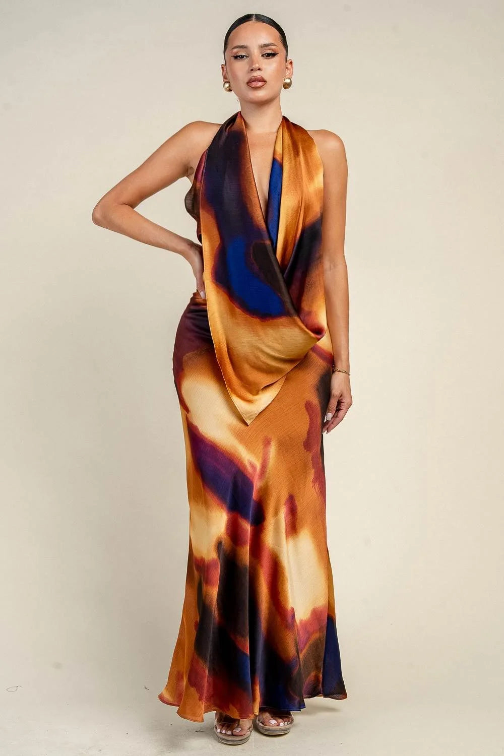 “Art Bae” Cowl Neck Maxi Open Back Dress