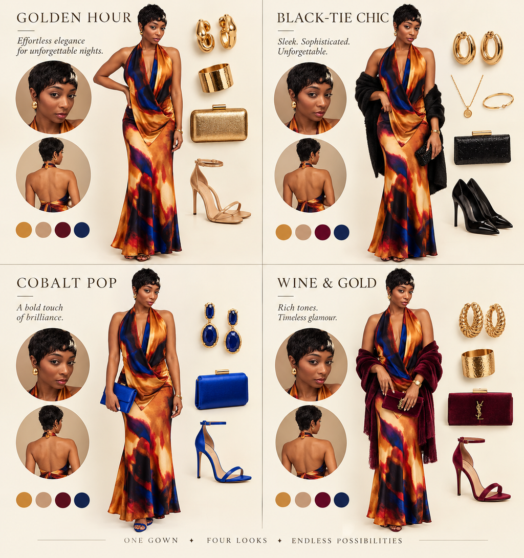 “Art Bae” Cowl Neck Maxi Open Back Dress